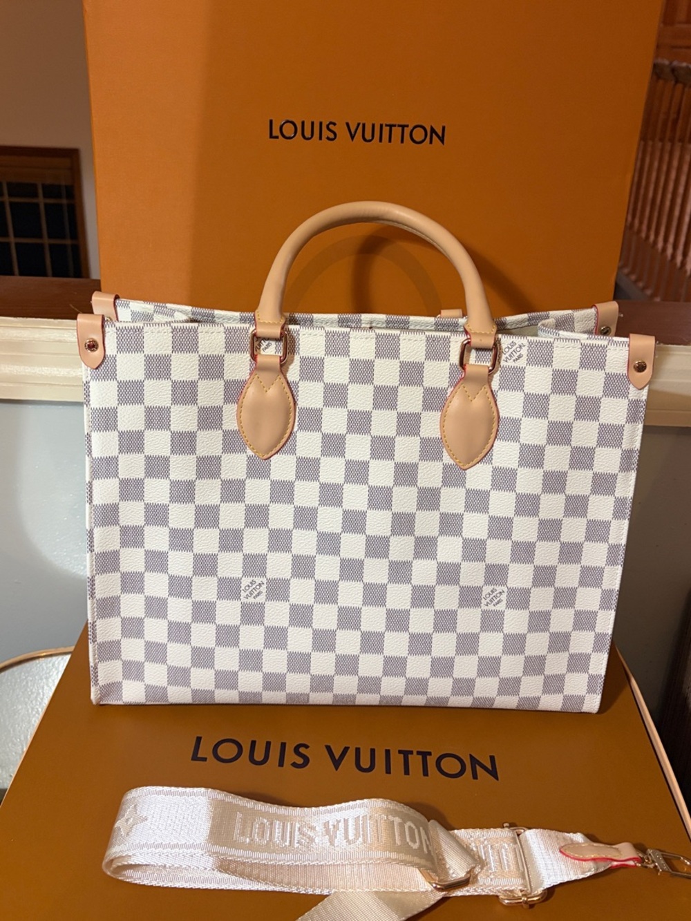Louis Vuitton Damier Azur Tote Bag in White/Gray